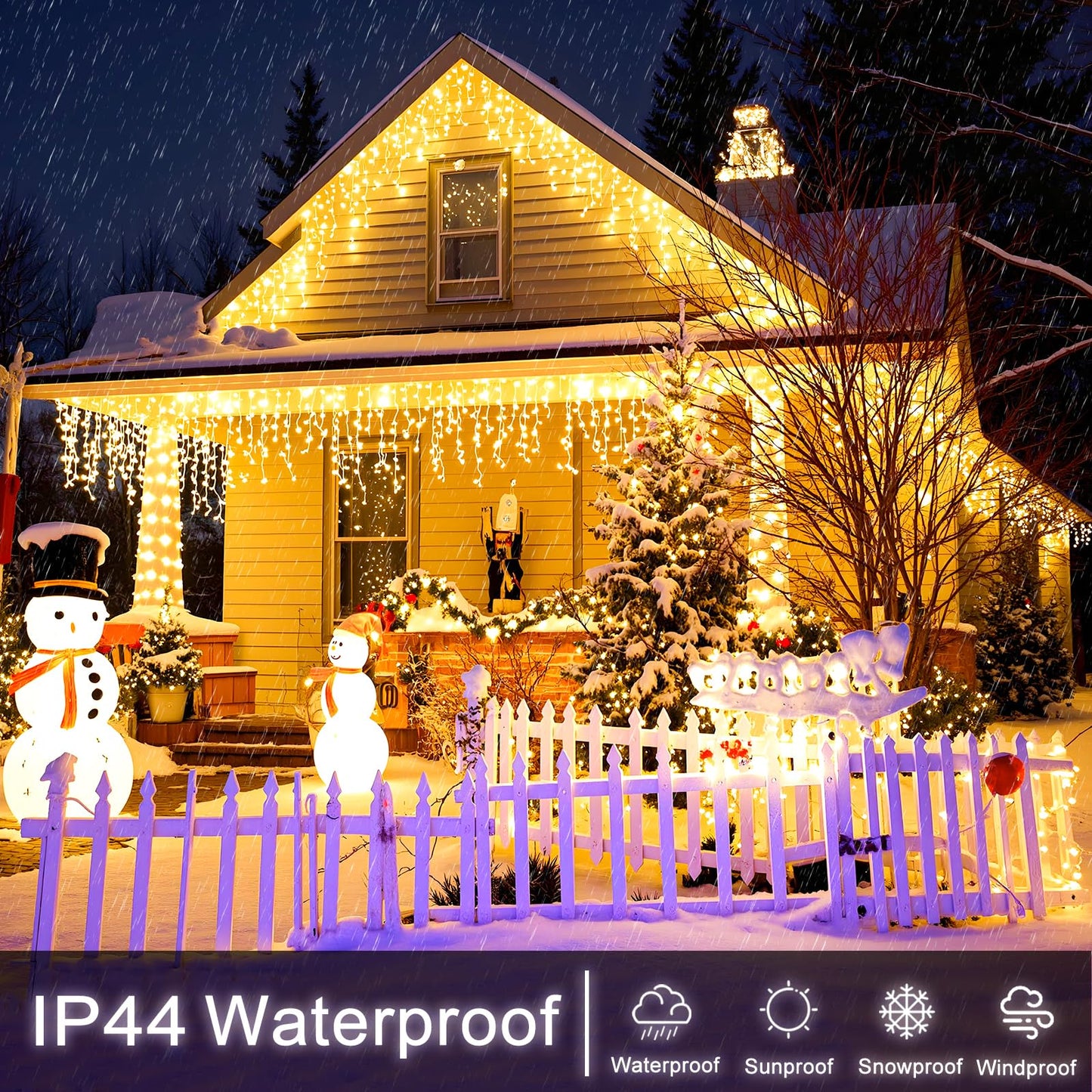 Einiiya Icicle Lights for Outside 33ft 400 LED Icicle Christmas Lights Outdoor 8 Modes with 75 Drops, Plug in Christmas Light for House Party Holiday Fence Xmas Outside Indoor Decorations, Warm White