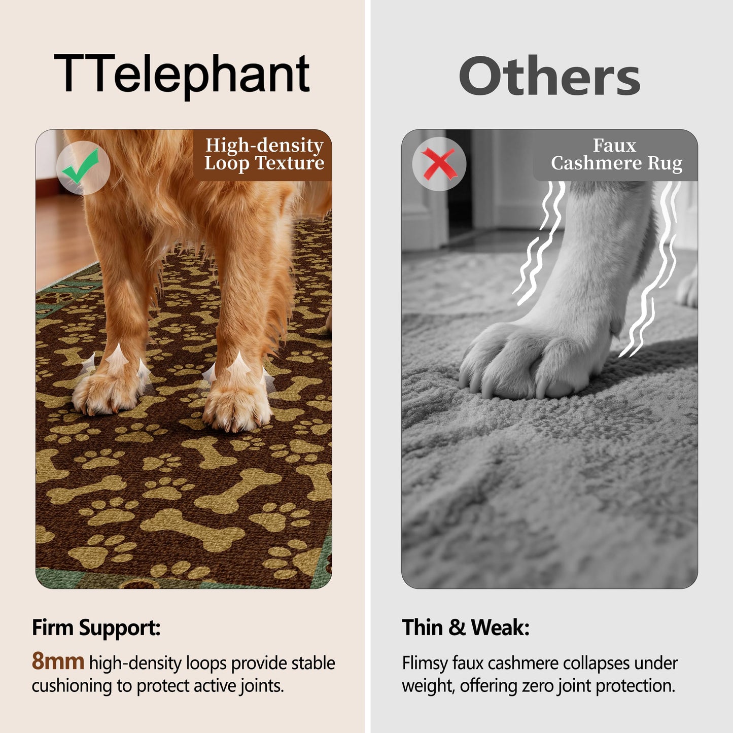 TTelephant Waterproof 2x6 Runner Rug Non Slip - Floor Runners for Dogs,Washable & Joint-Friendly Dense Loop Pile Carpet Runners for Hallway, Kitchen, Indoor Entryway, Laundry, Brown Paws