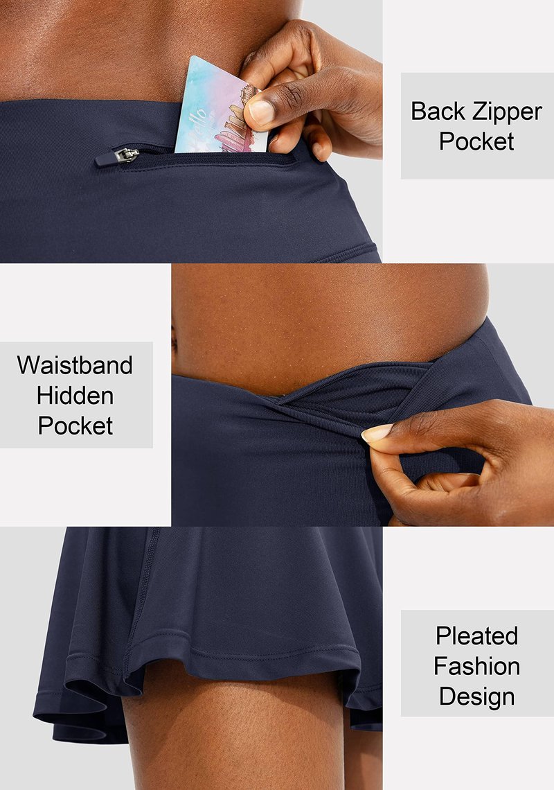 SANTINY Pleated Tennis Skirt for Women with 4 Pockets Women's High Waisted Athletic Golf Skorts Skirts for Running Casual (Navy_L)