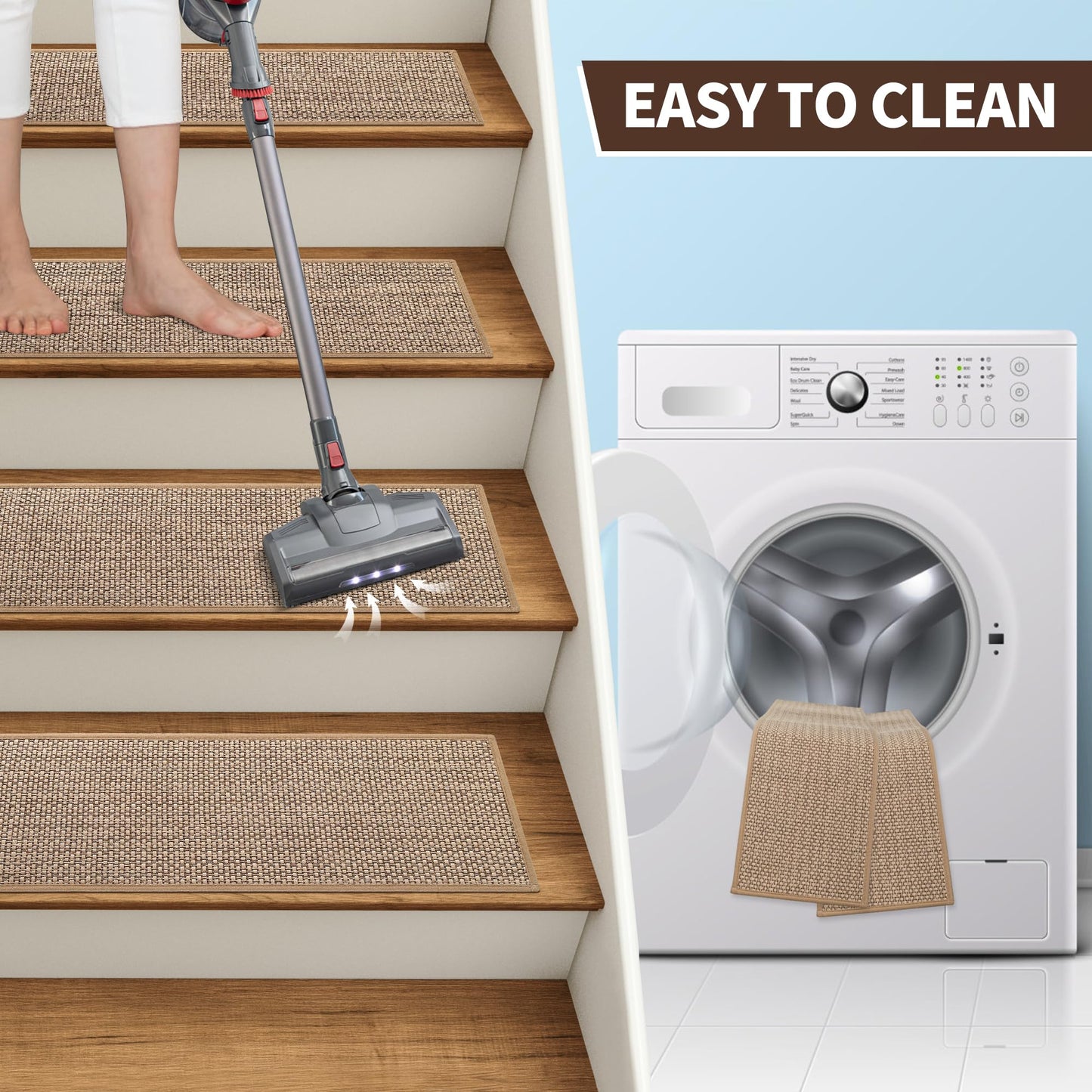 GROWLING Linen Stair Treads for Wooden Steps Indoor 30x8 inch, 15pcs Upgraded Self Adhesive Backing Non Slip Stair Carpets, Peel and Stick Stair Runner Rugs, Reusable Staircase Step Treads(Beige)