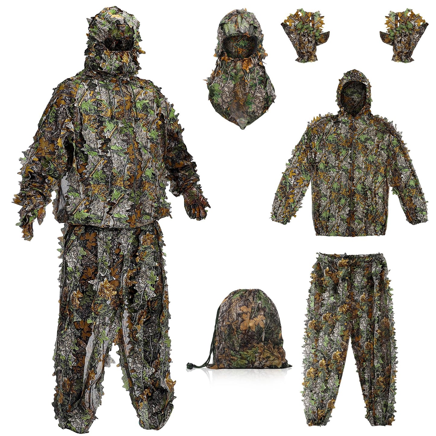 Ghillie Suit Outdoor Leafy Suit for Hunting Super Lightweight Hooded Camouflage Including Clothes Gloves Face Mask and Bag