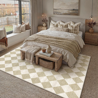 WondRg 5x7 Checkered Beige Area Rug for Living Room Bedroom Washable Soft Modern Non Slip Thin Throw Rug Lightweight Low Pile Neutral Carpet Dining Room Nursery Playroom Office