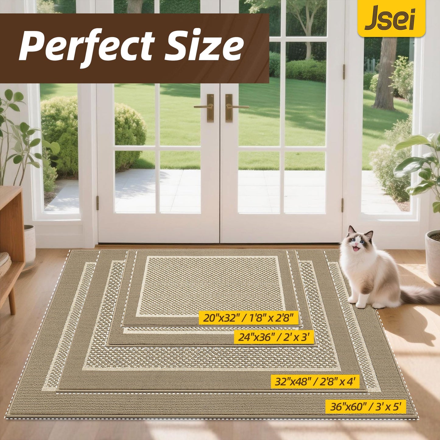 JSEI Dirt Trapper Door Mat 20"x32", Non-Slip Washable Doormats Entryway Rugs, Trap Dirt Absorbent Welcome Mat, Low Profile Floor Mats for Front Back Door and Entrance, Beige