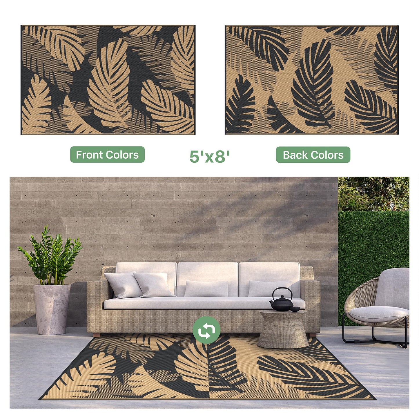 GENIMO Waterproof Outdoor Rug 5' x 8' for Patio Decor, Reversible Plastic Straw Area Rugs for Camping Clearance, RV Mat, Large Outside Carpet for Porch, Deck, Picni, Balcony, Garden, Black & Brown