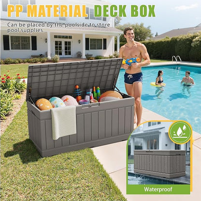 Greesum 82 Gallon Resin Deck Box Large Outdoor Storage for Patio Furniture, Garden Tools, Pool Supplies, Weatherproof and UV Resistant, Lockable, Coffee