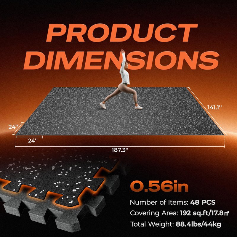 SUPERJARE 0.56'' Thick 48 Pcs 192 Sq Ft Rubber Top Exercise Equipment Mats, High Density EVA Foam Mats with Rubber Top, Interlocking Gym Flooring for Home Gym, Protective Workout Mat, Black/Grey