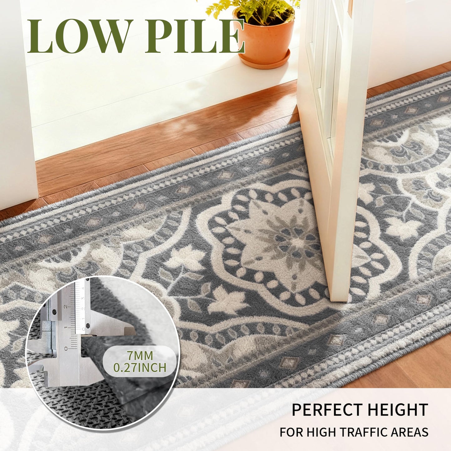 XSYarn Washable 2x6 Runner Rug, Soft Boho Kitchen Hallway Runner Rug TPR Non-Slip Low Pile Farmhouse Floor Mat for Bathroom Laundry Bedroom Grey