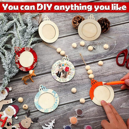Blulu 24 Pcs Christmas Unfinished Picture Ornament Bulk Wooden Round Photo Frame Hanging Ornaments for Christmas Tree Stockings Decorations
