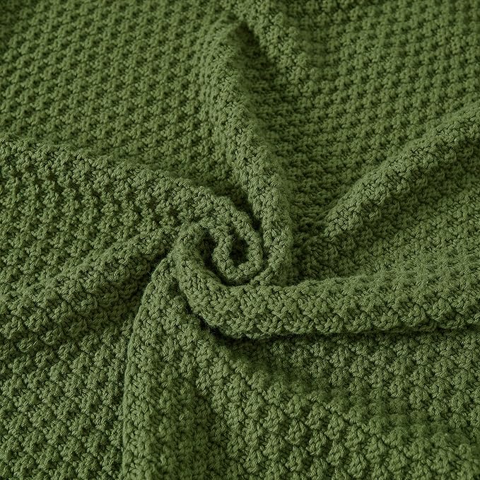 Longhui bedding Olive Green Knitted Throw Blanket for Couch, Soft, Cozy Machine Washable 100% Cotton Sofa Knit Blankets, Heavy 3.0lb Weight, 51 x 63 Inches, Green Color.