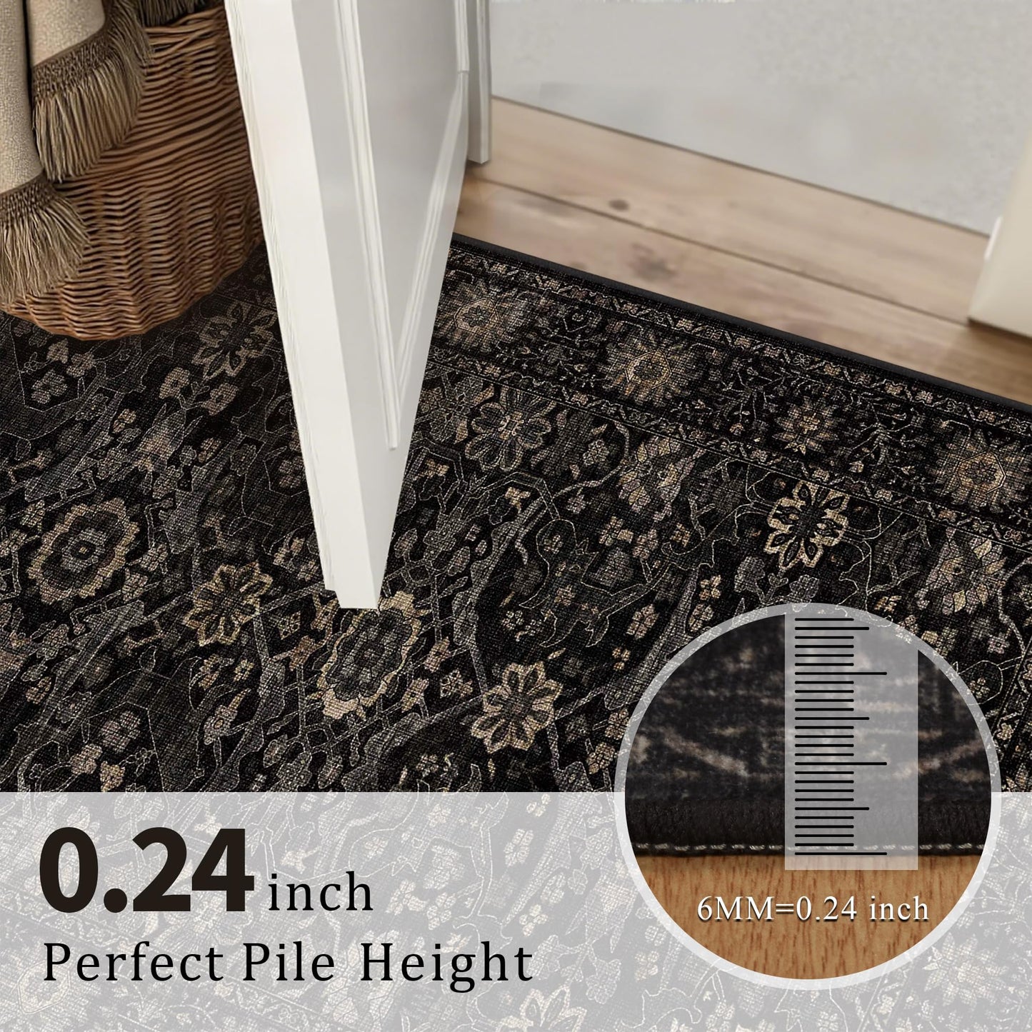 2x3 Entryway Rug Black Gold Washable Rugs for Entryway Kitchen Low Pile Non-Slip Door Mat Traditional Distressed Small Carpet for Kitchen Entrance Bathroom