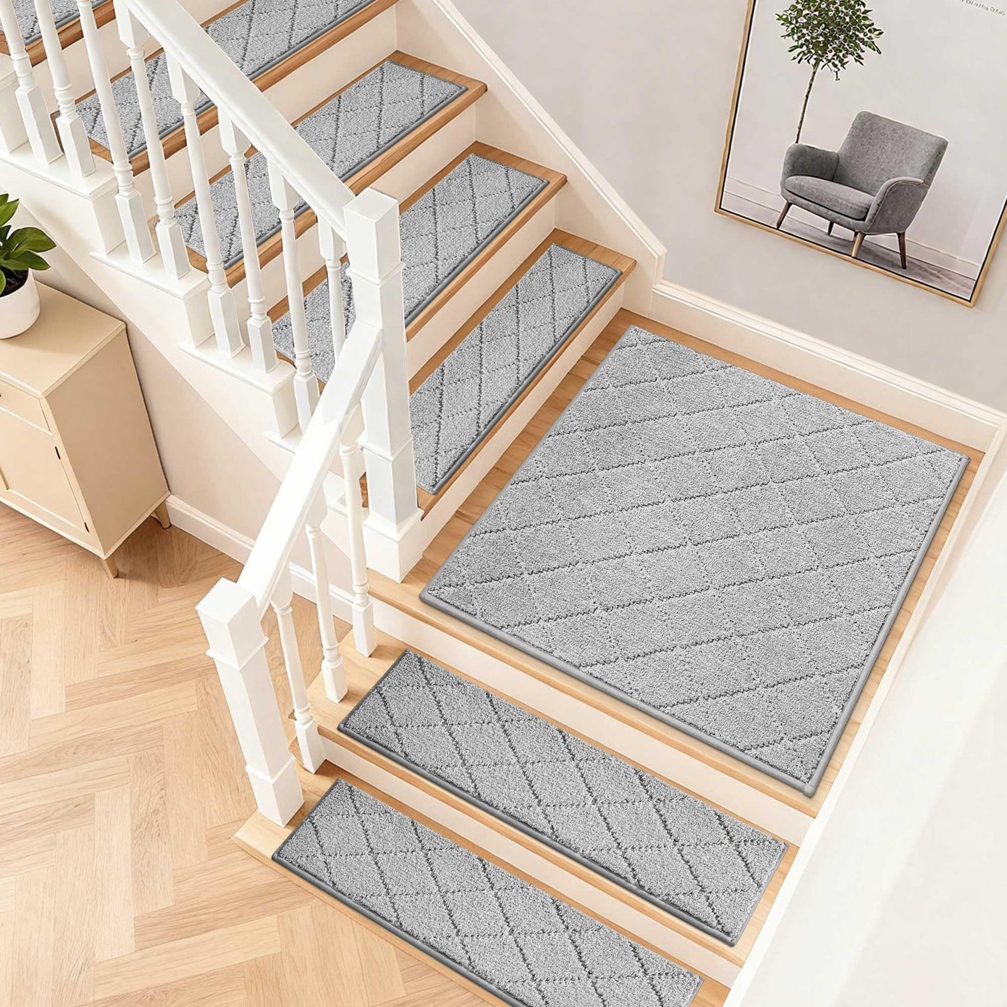COSY HOMEER Edging Stair Treads Non-Slip Corner Indoor Stair Runners for Wooden Steps,Landing Slip Resistant Stair Rugs Mat for Kids and Dogs,100% Polyester TPE Backing,Grey,30x30 inch