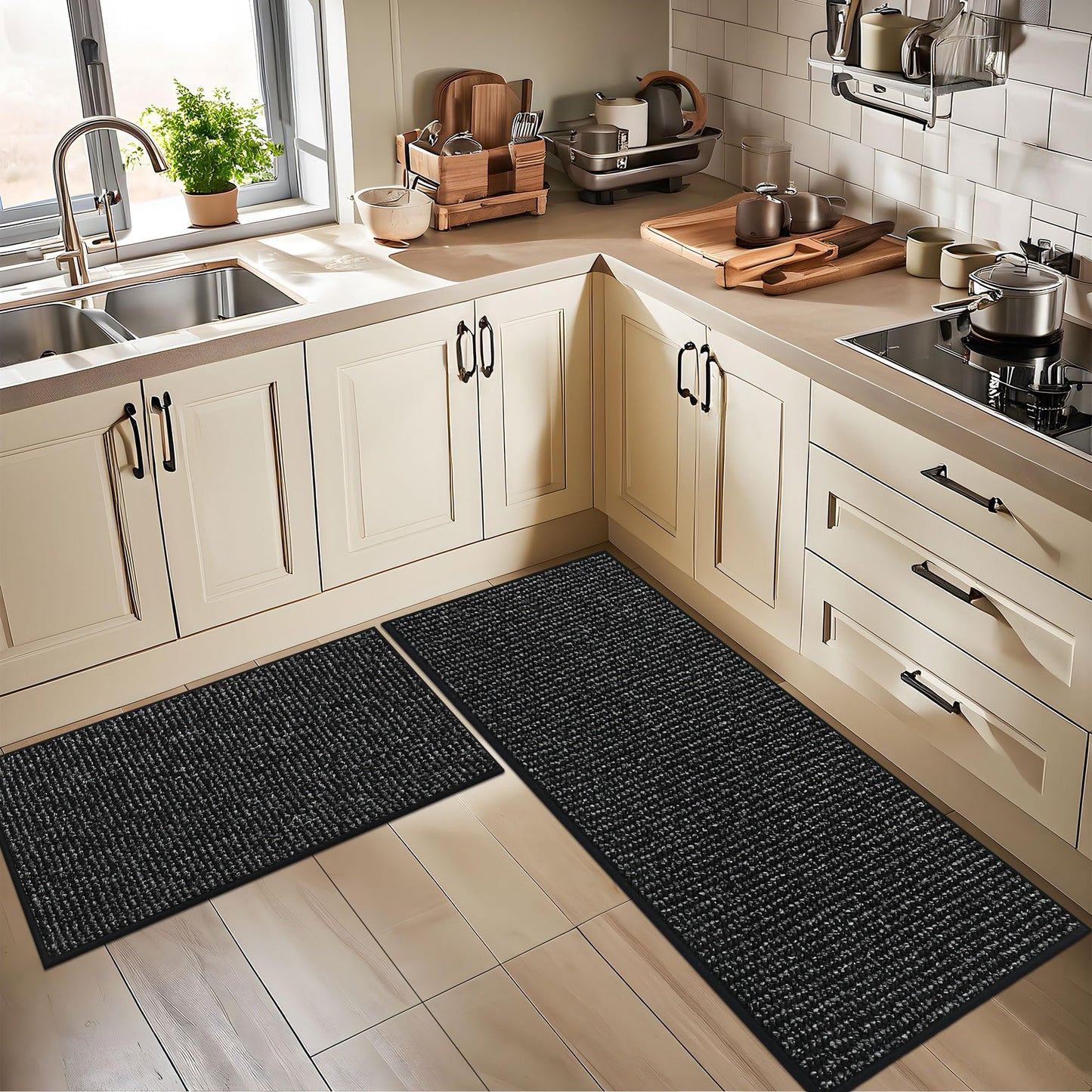 BEQHAUSE Kitchen Rugs 32"x48", Non-Slip Kitchen Mats for Floor, Super Absorbent and Stain Resistant Kitchen Rugs, Machine Washable Rugs for Kitchen, Hallway, Laundry & Sink, Black
