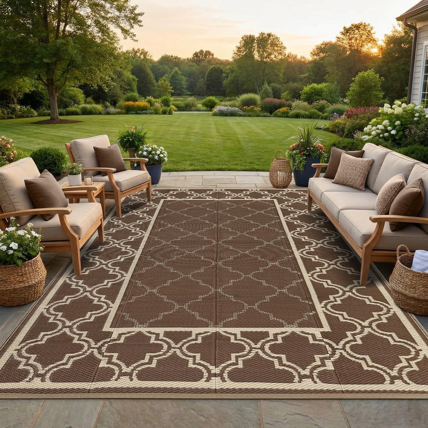 Garvee Reversible Outdoor Rug 9x12, Waterproof Outdoor Plastic Straw Rug with Interlacing Pattern, RV Mat for Picnics, Patio, Camping, Balcony, Deck, Backyard, Porch, Brown