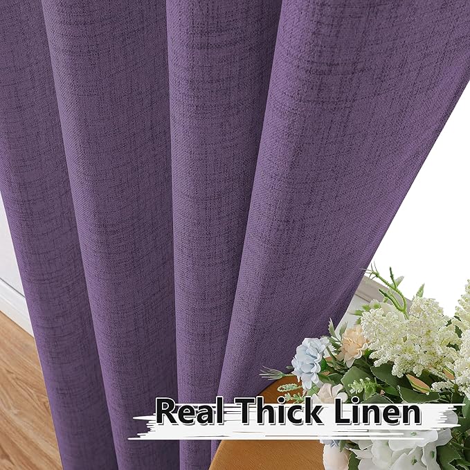 Tollpiz Linen Tier Curtains Rod Pocket Semi Sheer Short Kitchen Curtain Half Burlap Light Filtering Thick Linen Drape for Bathroom, 30 x 30 inches Long, Royal Purple, Set of 2 Panels