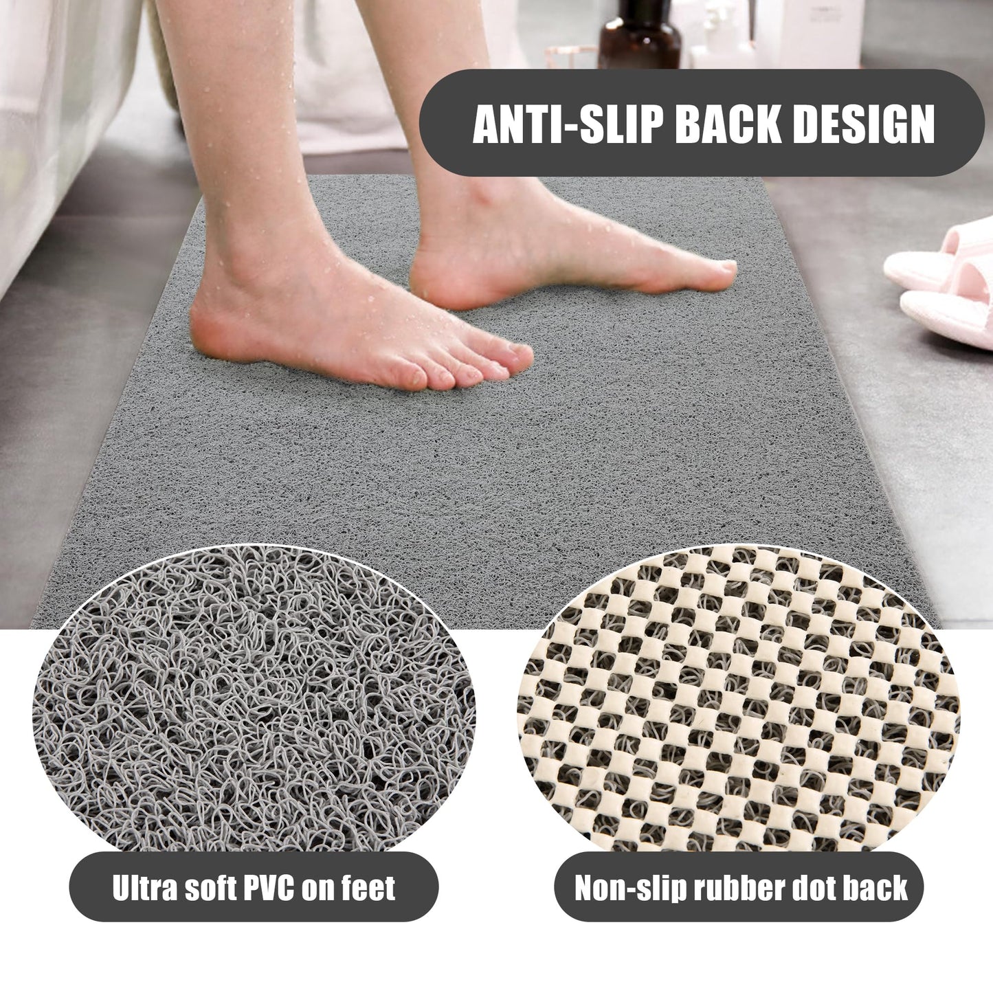 HOMBYS 47 x 32 Extra Large Shower Mat for Shower Stall Tub, Non Slip Bath Mat Bathroom Accessories, PVC Loofah Mats for Shower and Bathroom, Quick Drying, (Grey, 47"x32")