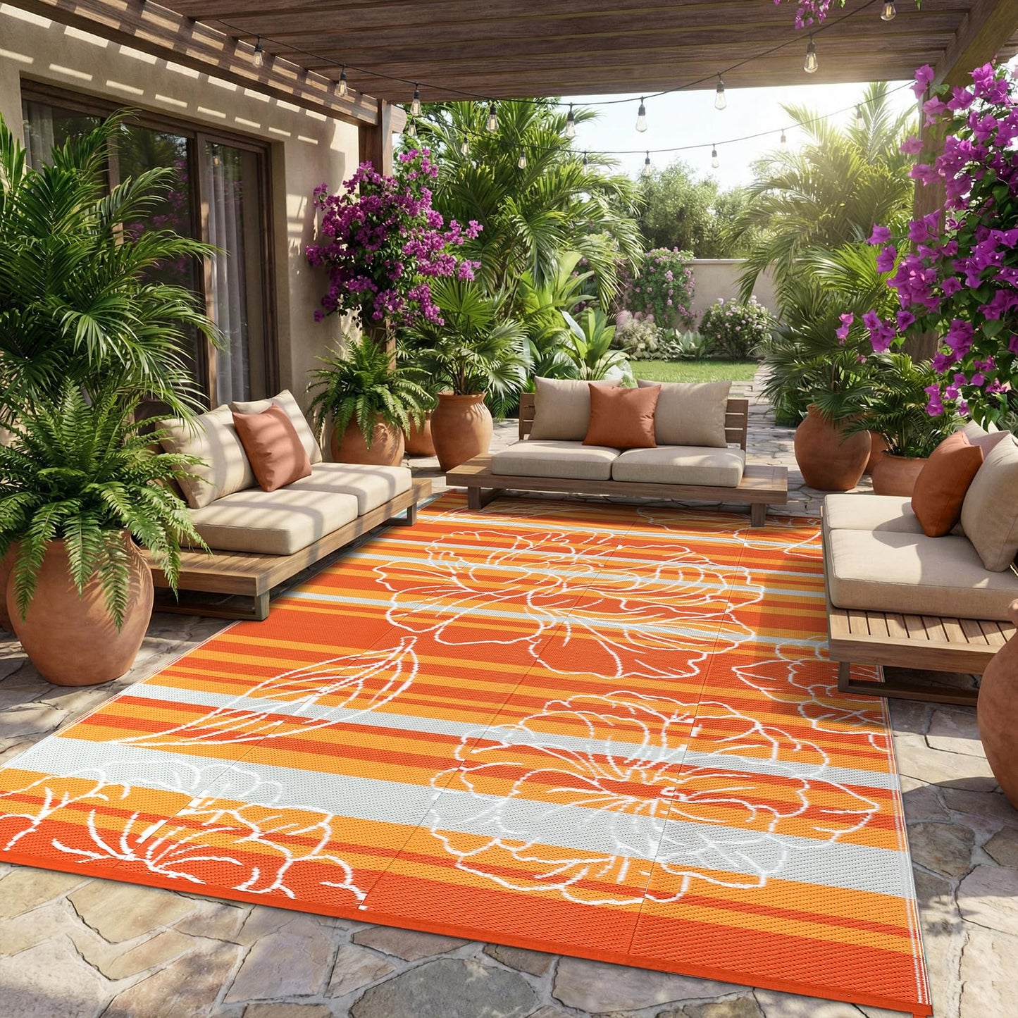 Garvee 8x10 Outdoor Waterproof Rug, Floral Outdoor Area Rug，Reversible Plastic Straw Patio Rug, Portable Camping Mat for RV, Picnic, Beach, Balcony, Garden & Camping Orange