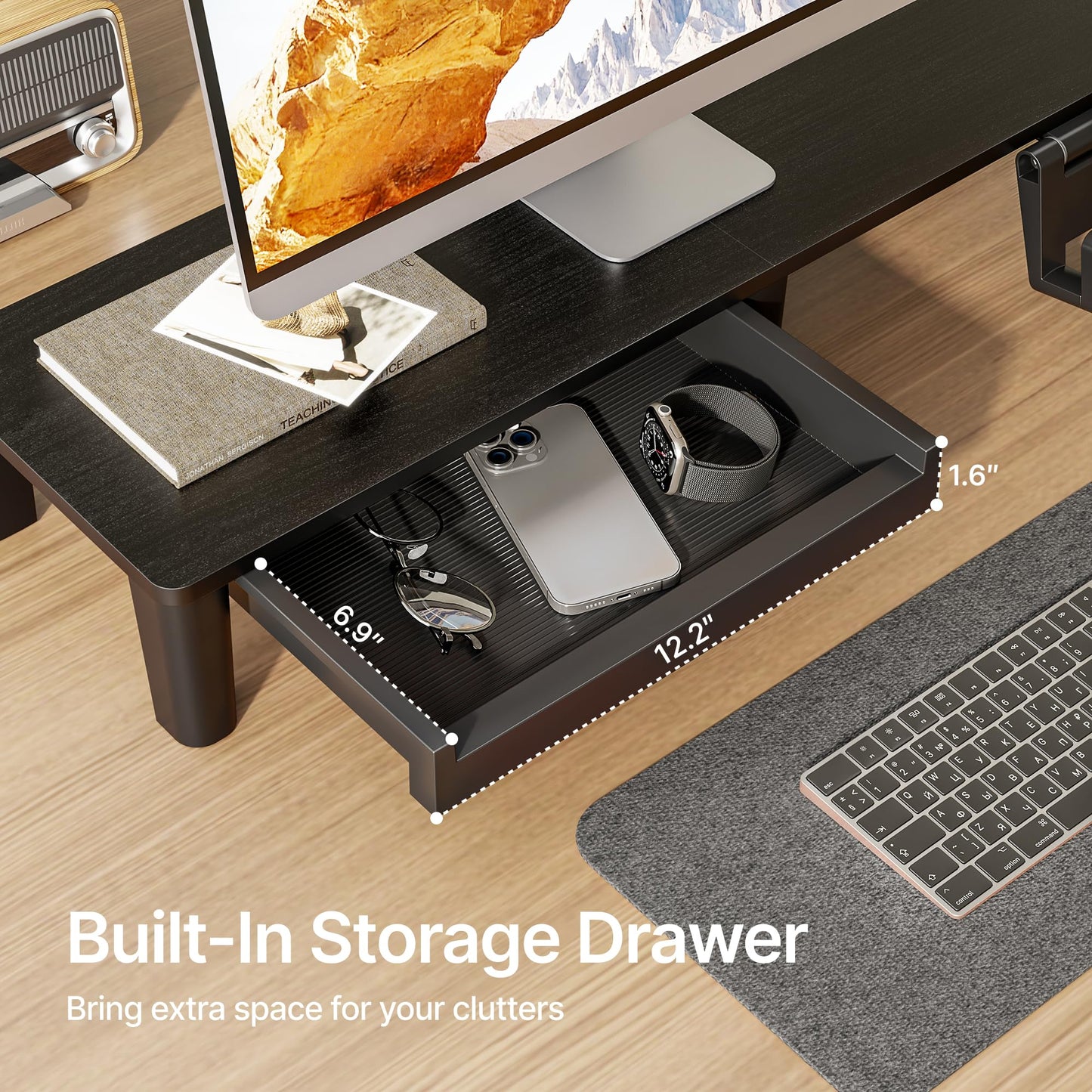 PEGZONE Monitor Stand Riser for Desk, Ergonomic Computer Riser with Storage Drawer, Desktop Shelf Organizer for PC, Laptop, Desk Computer Riser For Home Office