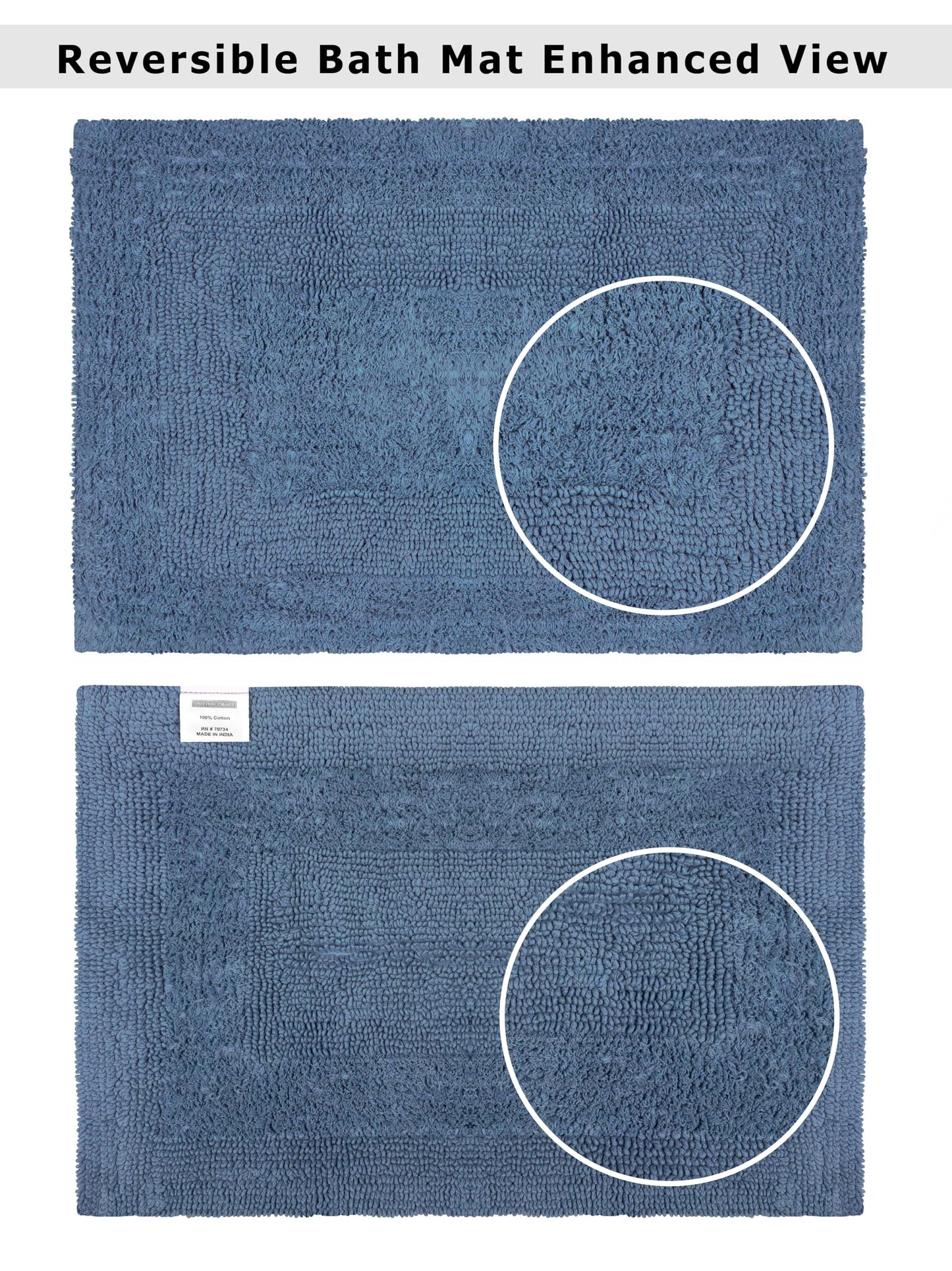 COTTON CRAFT Luxurious Bath Mat Rug - Set of 2 Reversible Heavyweight Step Out Bath Mats for Bathroom Floor, Tub and Shower - Pure Cotton Soft Plush Absorbent Tufted Racetrack Mat - 17x24 - Azure Blue