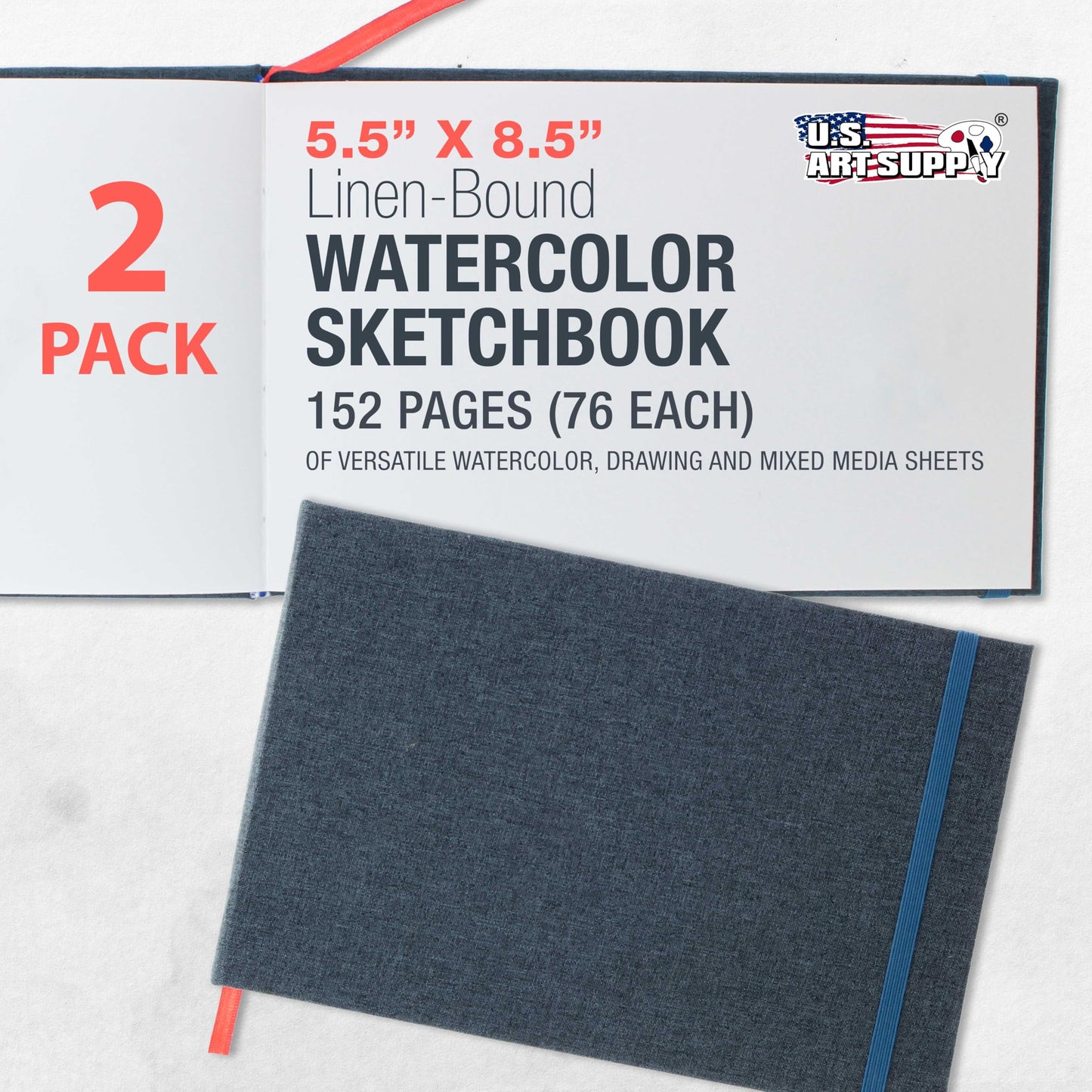 U.S. Art Supply 5.5" x 8.5" Watercolor Book (2 Pack, 76 Sheets Each) - 110lb (230 GSM) Linen-Bound Hardcover Artist Paper Pads - Acid-Free Cold-Pressed Watercolor Paper Pad Mixed Media