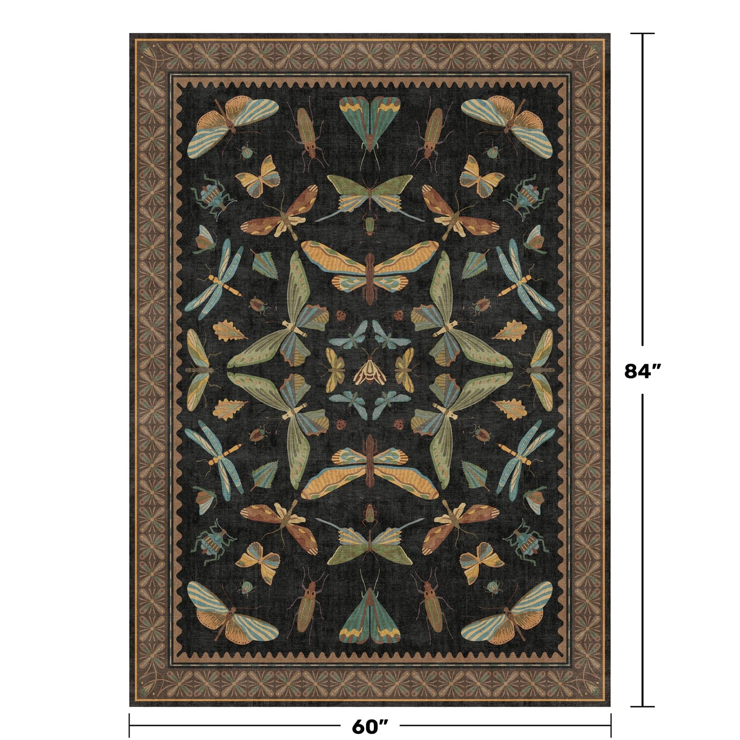 Washable 5x7 Black Rug for Living Room - Foyer Rugs for Entryway, Bedroom, Home Office, Gothic Witchy Insect Bug Floral Retro Indoor Décor