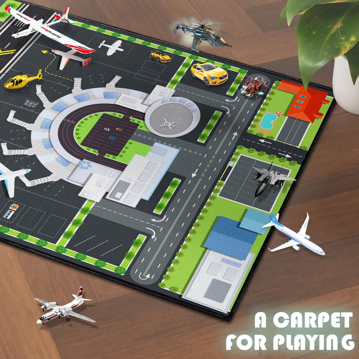 Isyorefam Play Rug for Kids Playroom, 2x3 Airport Carpet with City Road Traffic System and Aircraft Runway, Airport Playmat Airplane Rugs Non-Slip Washable Area Mat for Boys Bedroom