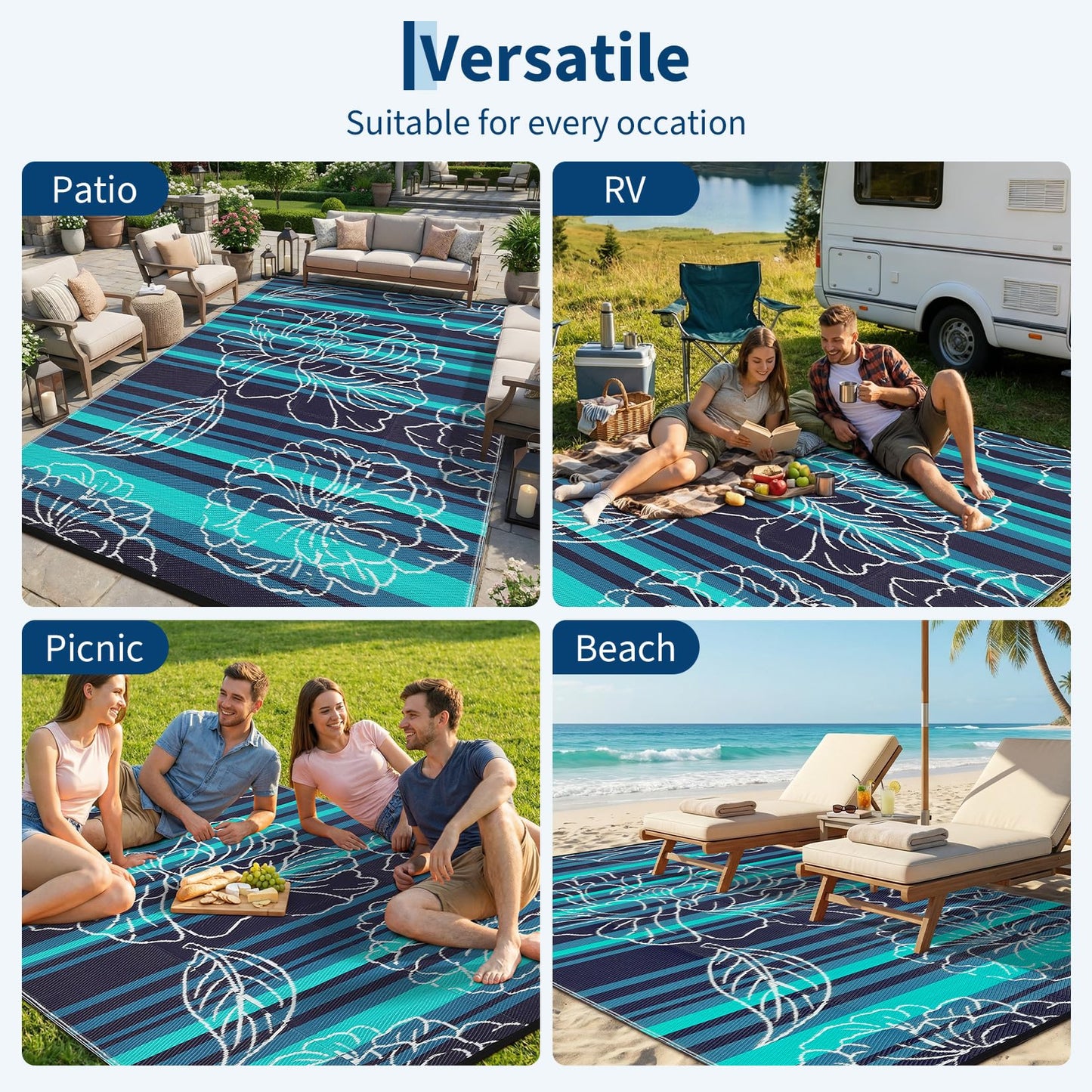Garvee 5x8 Outdoor Waterproof Rug, Floral Outdoor Area Rug，Reversible Plastic Straw Patio Rug, Portable Camping Mat for RV, Picnic, Beach, Balcony, Garden & Camping Black&Blue