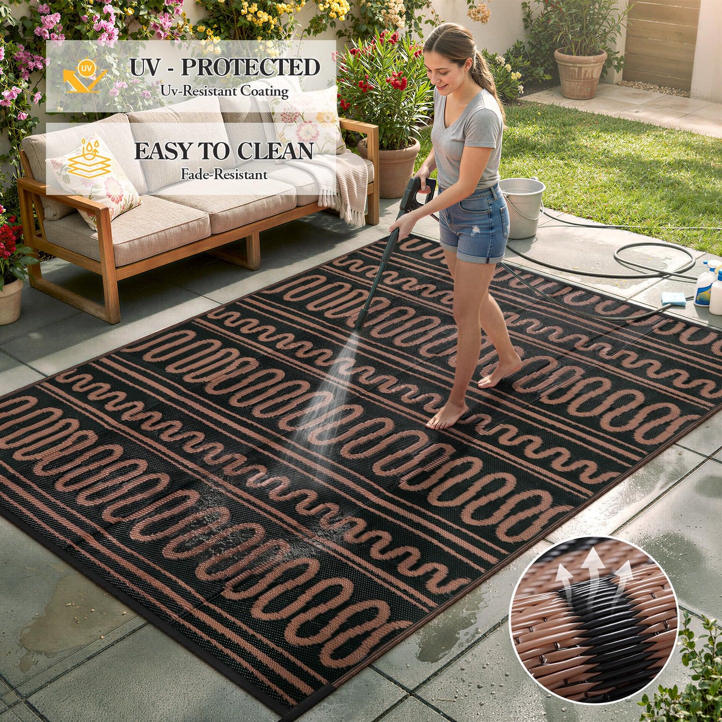 Beeiva Outdoor Rug 8x10 Waterproof for Patio, Reversible Plastic Straw Rug for Deck, Backyard, RV Camping, Black Brown