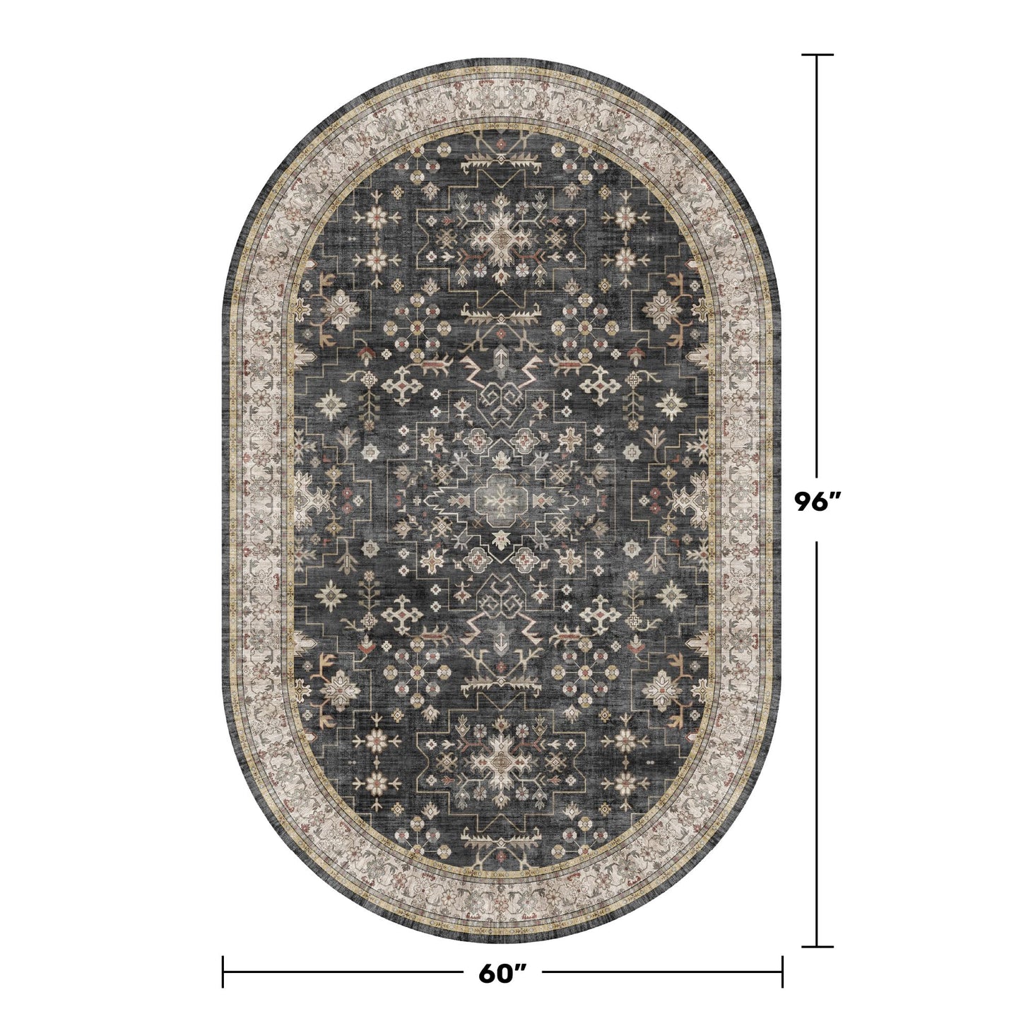 Washable Oval Rug 5x8 - Black Farmhouse Oval Area Rugs for Dining Room, Kitchen Table, Living Room, Bedroom, Reading Corner Rug, Dark Boho Floor Carpet Low Pile Non-Slip & Stain Resistant