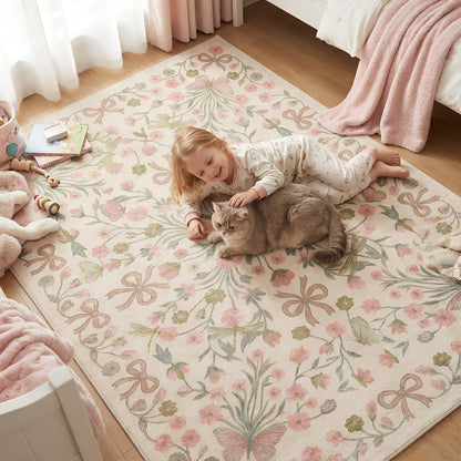 BreezeRise 5x7 Area Rug for Living Room，Boho Beige Butterfly Bow Rug Pink and Green Florals，Non-Slip Washable Foldable Bedroom，Dining Room