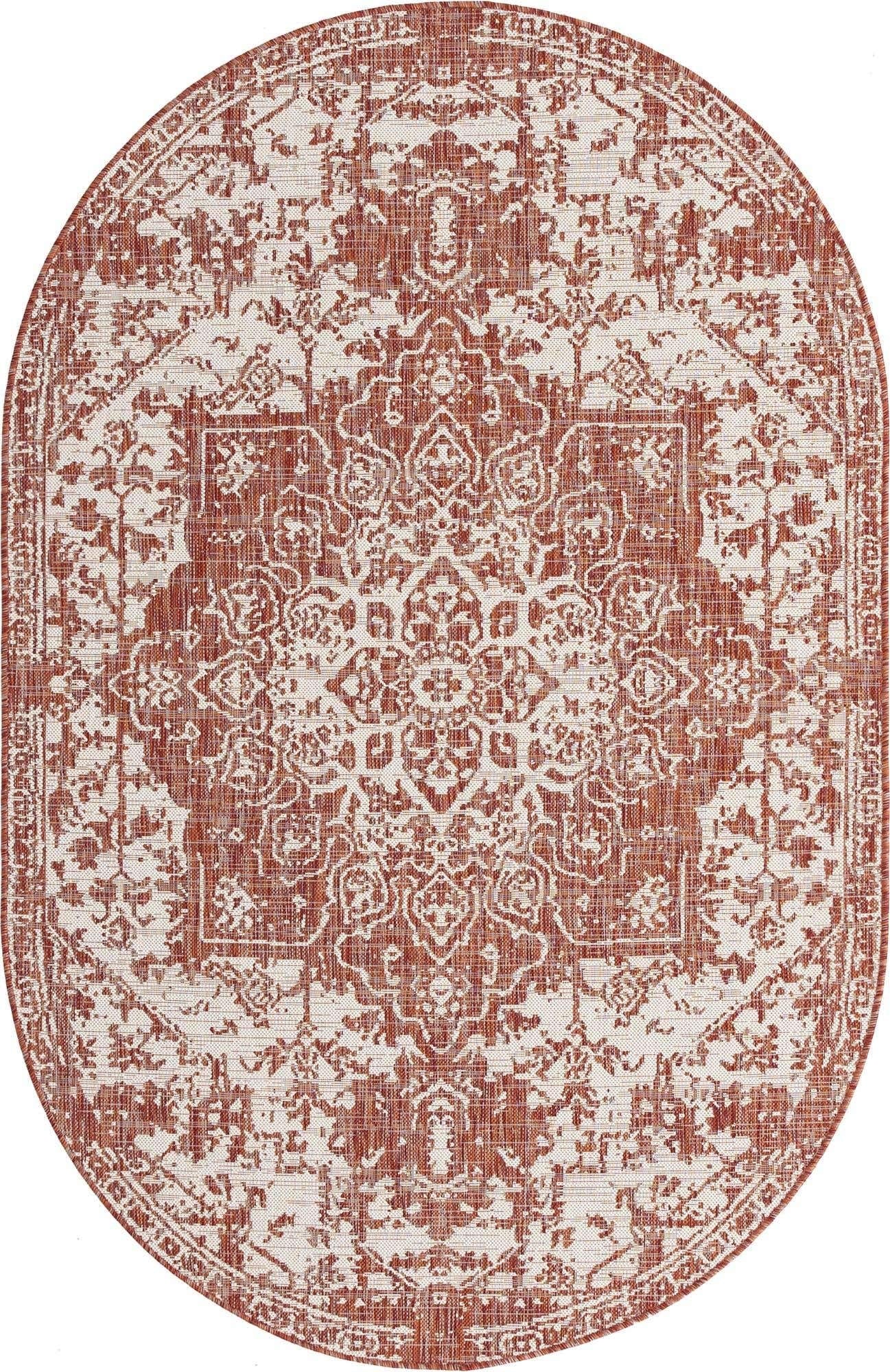 Unique Loom Jill Zarin Outdoor Collection Area Rug - Dubai (5' 3'' x 8' Oval, Rust Red/ Ivory)