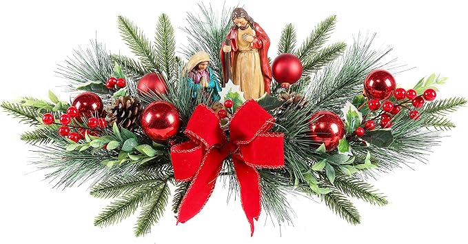 MOONET Christmas Table Centerpiece with LED Lights, Red Plastic Jesus Pine Needle Ornament, Red Berry, Christmas Balls for Holiday Party, Home, Fireplace