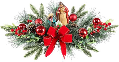 MOONET Christmas Table Centerpiece with LED Lights, Red Plastic Jesus Pine Needle Ornament, Red Berry, Christmas Balls for Holiday Party, Home, Fireplace