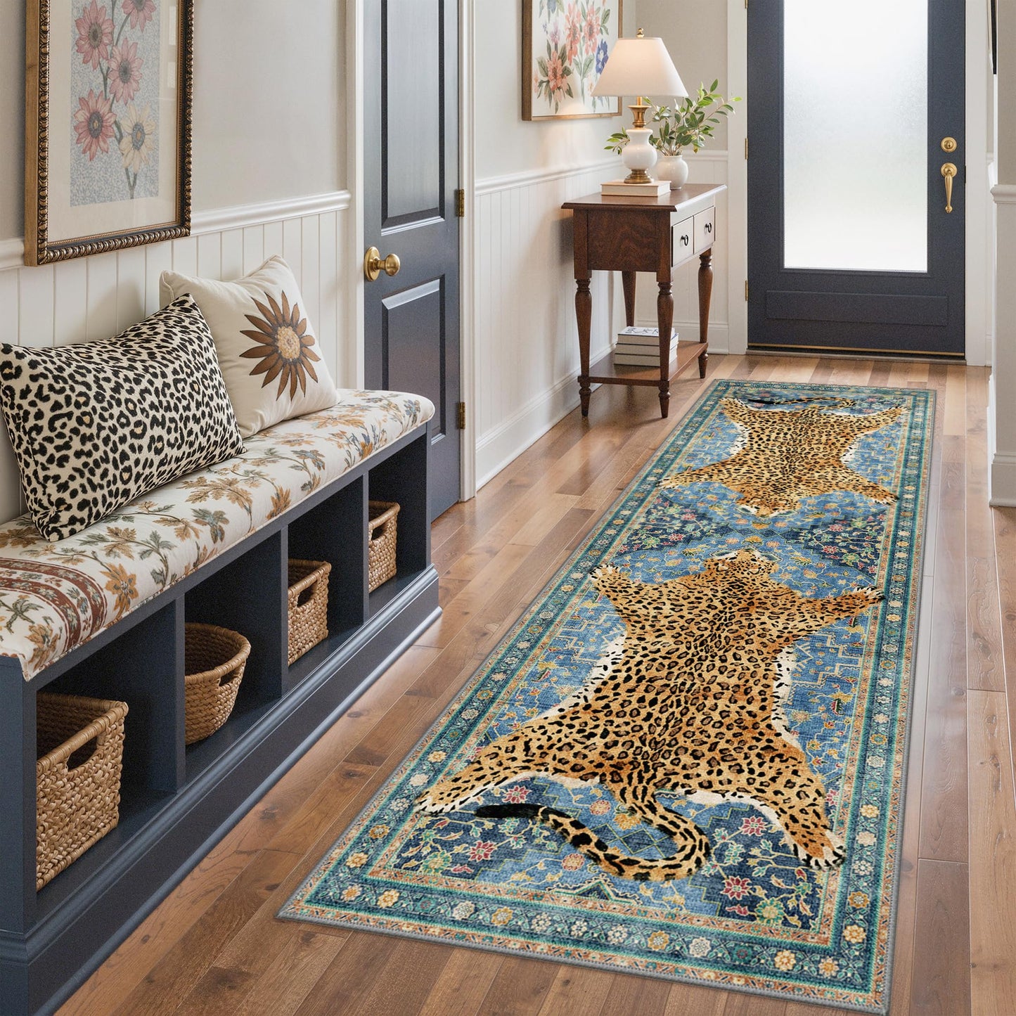 Bavni 2x6 Leopard Rug, Soft Cheetah Rug Animal Print Kitchen Rug Washable Runner Rug Non Slip, Low Pile Runners for Hallway Print Woodland Jungle Carpet for Entryway Playroom Bedroom, Blue