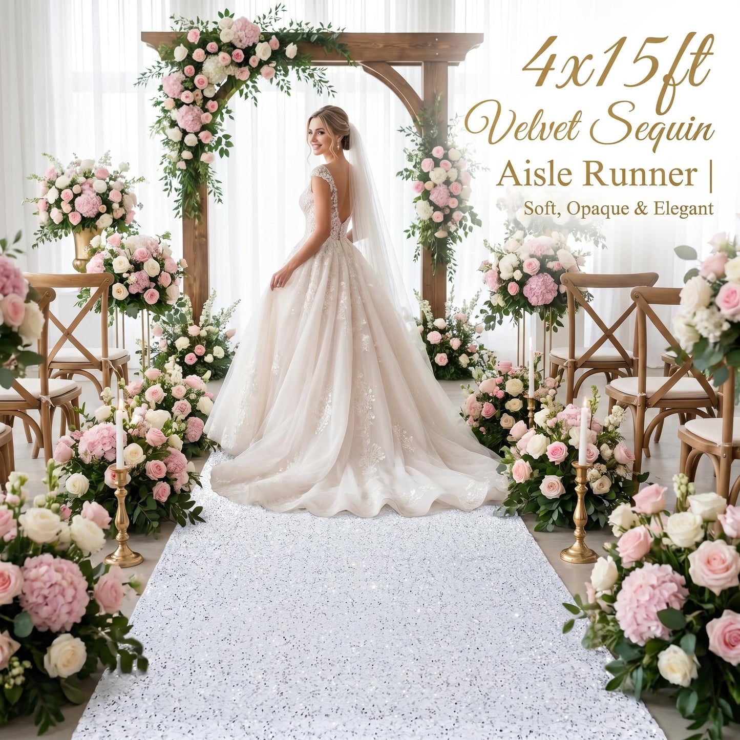 PartyDelight White Sequin Velvet Carpet Runner for Party 4FTx15FT Carpet Sparkly Rug for Indoor Outdoor Weddings Engagement Decoration