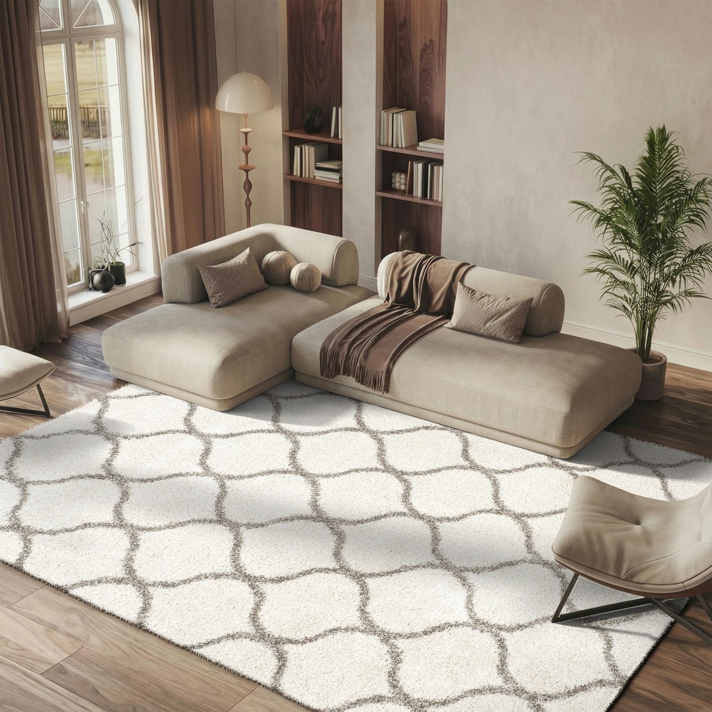 SAFAVIEH Hudson Shag Collection Area Rug - 6' x 9', Ivory & Grey, Moroccan Ogee Trellis Design, Non-Shedding & Easy Care, 2-inch Thick Ideal for High Traffic Areas in Living Room, Bedroom (SGH280A)