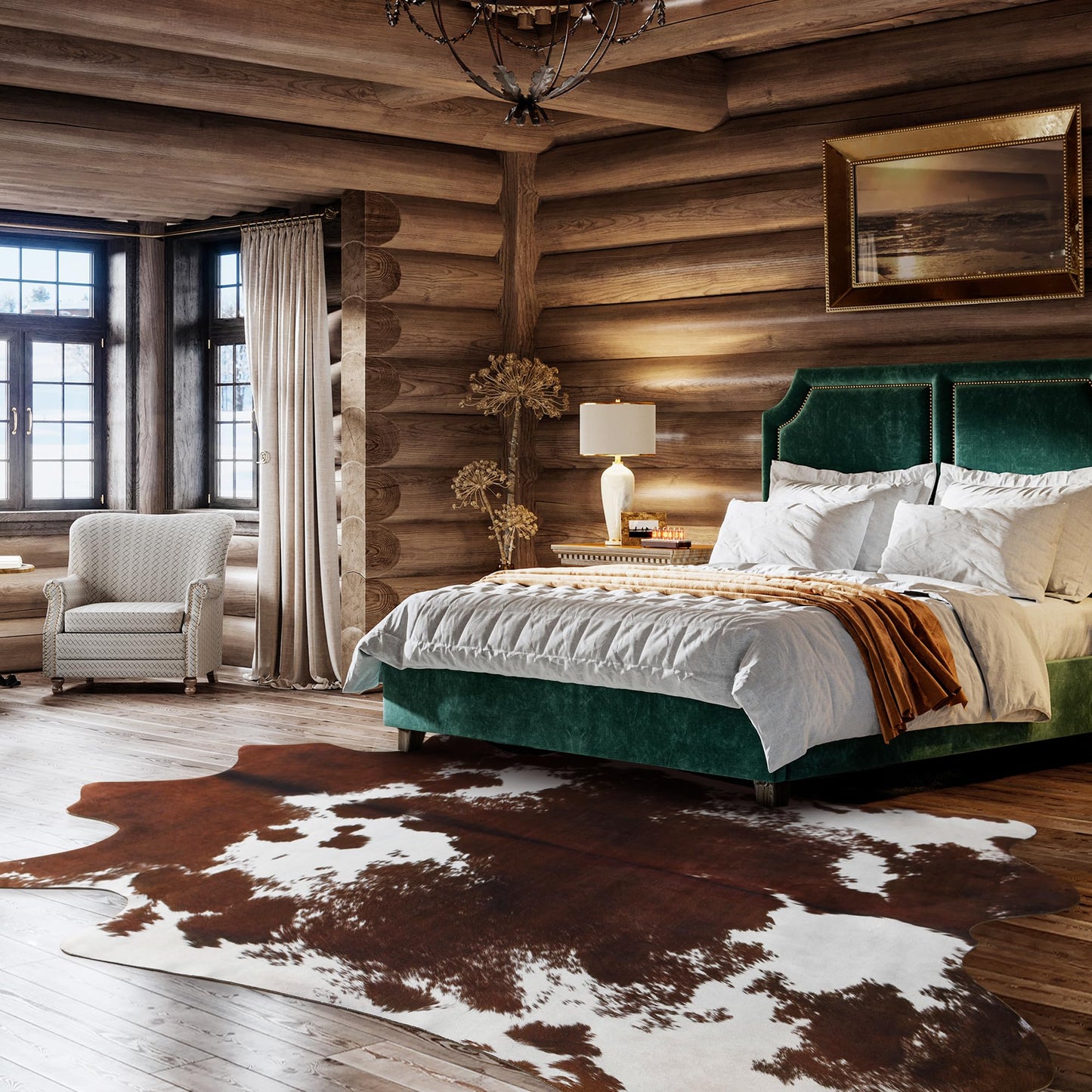 LYENDOS Cowhide Rug 5.2 x 6.3 Feet, Cow Hide Durable No-Slip Backing, Faux Cowhide Thickened Elastic, for Bedroom Living Room Home Office Western Decor