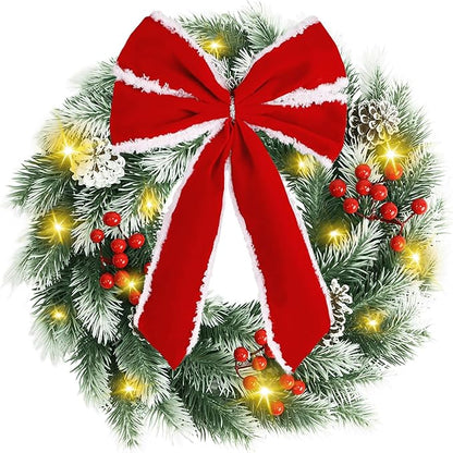Pinkpum Lighted Christmas Wreath for Front Door Decor 16.5" Green Winter Wreath with LED String Lights for Home Wall Window Porch Farmhouse Indoor Outdoor Decorations Berries Pine Cones Bow 1 Pack