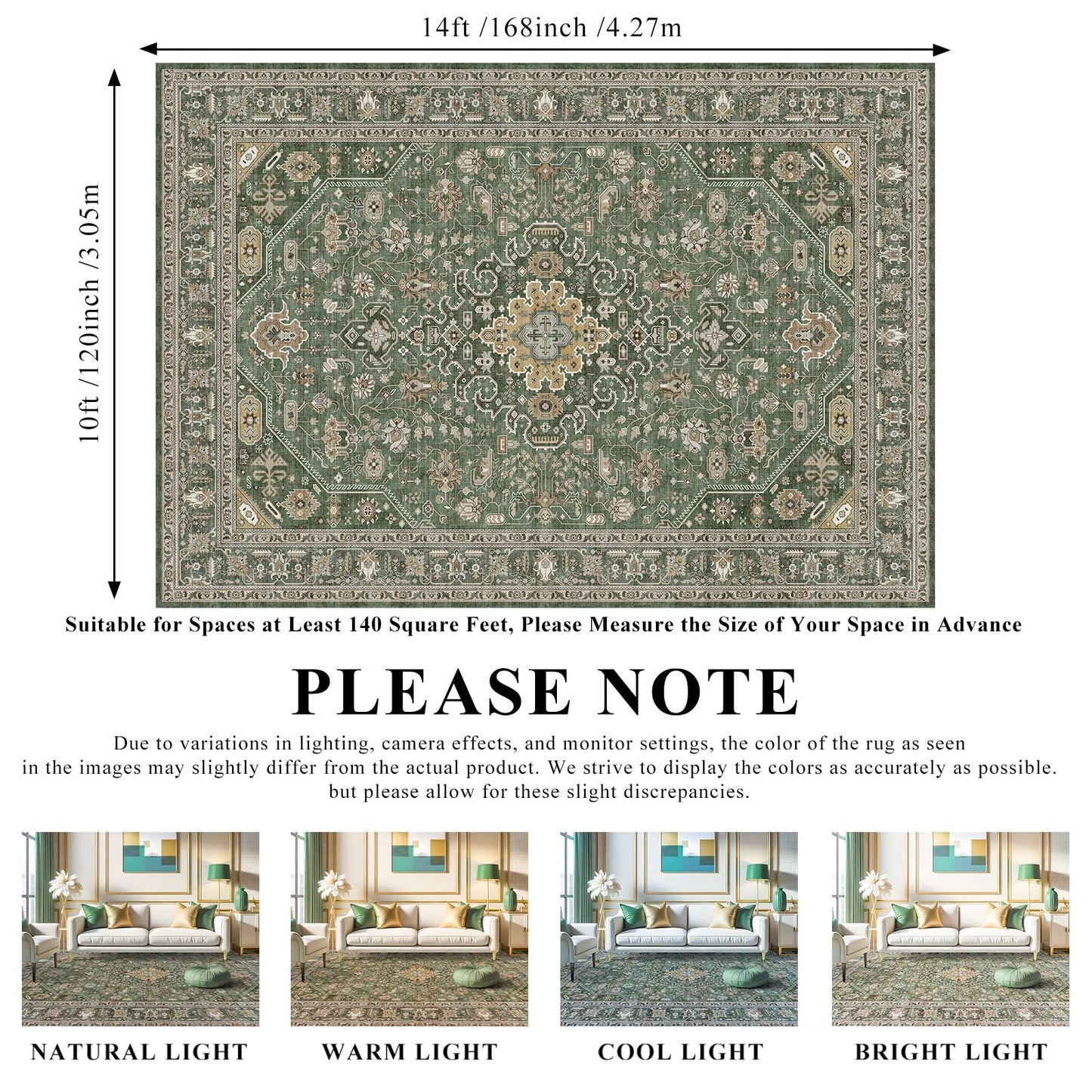 10x14 Rug Living Room: Extra Large Washable Area Rugs Super Soft Distressed Oriental Rugs with Non Slip Backing Farmhouse Rug Low Pile Thin Stain Resistant Indoor Carpet 10x14 Green/Multi