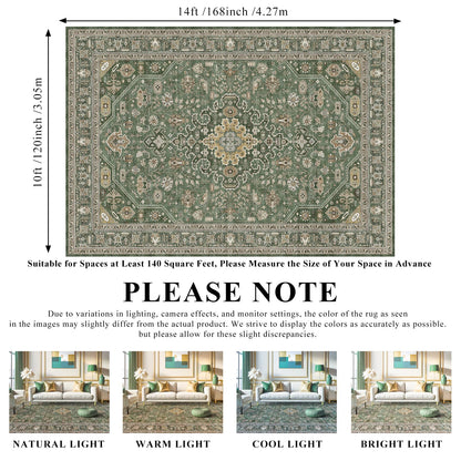 10x14 Rug Living Room: Extra Large Washable Area Rugs Super Soft Distressed Oriental Rugs with Non Slip Backing Farmhouse Rug Low Pile Thin Stain Resistant Indoor Carpet 10x14 Green/Multi