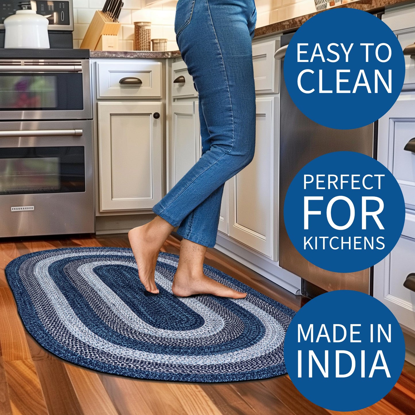 Super Area Rugs Rustic Aqua Blue/White/Black Oval Braided Rug for Entryway/Foyer, Washable Outdoor Rug for Patio/Porch 3' x 5' Oval