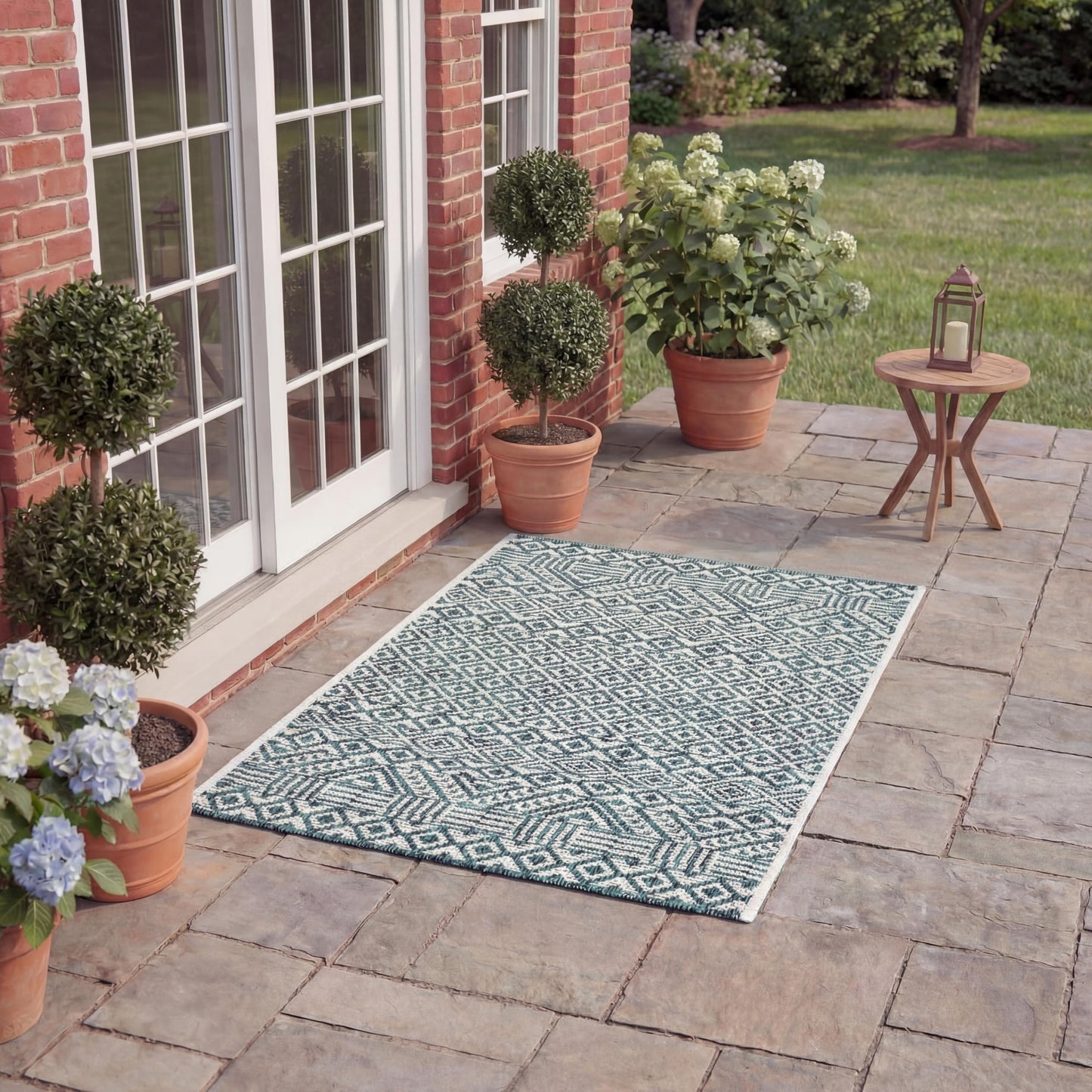 SAFAVIEH Courtyard Collection 2' x 3'7" Ivory/Aqua CY8235 Moroccan Boho Indoor/ Outside Waterproof Easy cleansingPatio Backyard Mudroom Accent Mat
