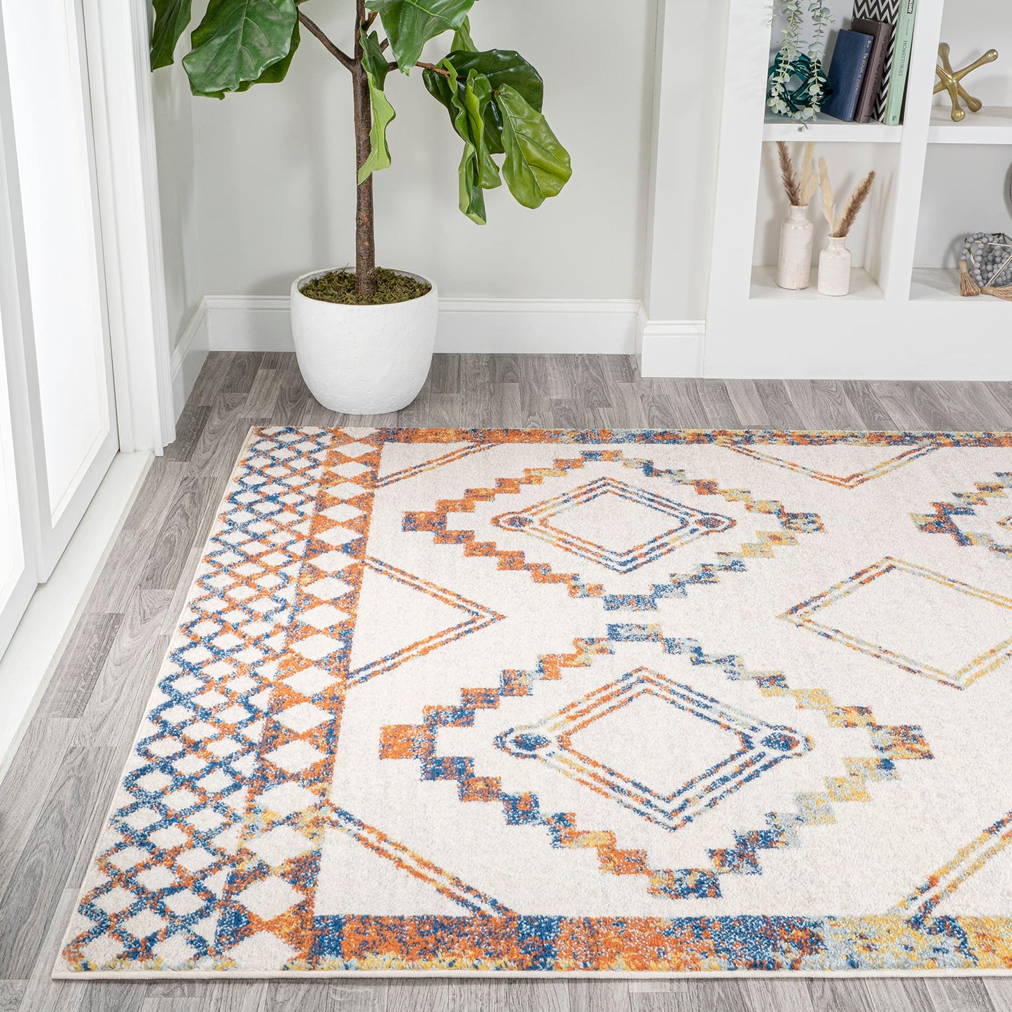 JONATHAN Y Amir Moroccan Beni Souk Ivory/Blue/Orange Indoor Area Rug, 3x5, Bohemian, Scandinavian, Easy-Cleaning for Living Room, Bedroom, Kitchen, Pet Friendly, Non-Shedding (MOH200E-3)
