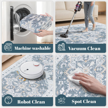 TTelephant 4x6 Area Rug, Soft Non-Slip Vintage Medallion Rug, Low-Pile Printed Indoor Washable Area Rugs for Living Room, Bedroom Bedside, Entryway, Kitchen -Blue/Gray