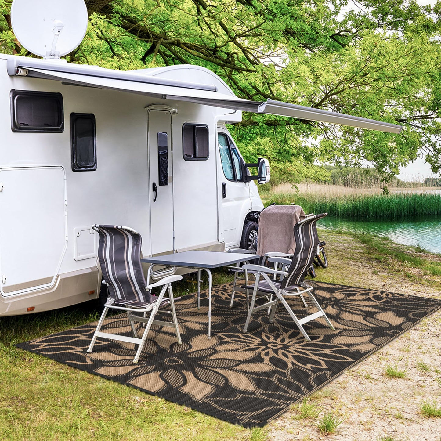 GENIMO Outdoor Rug Waterproof for Patio Decor, 5' x 8' Reversible Plastic Straw Floral Camping Carpet, Large Area Rugs Mats for RV, Camper, Deck, Balcony, Porch, Beach, Picnic, Black & Brown