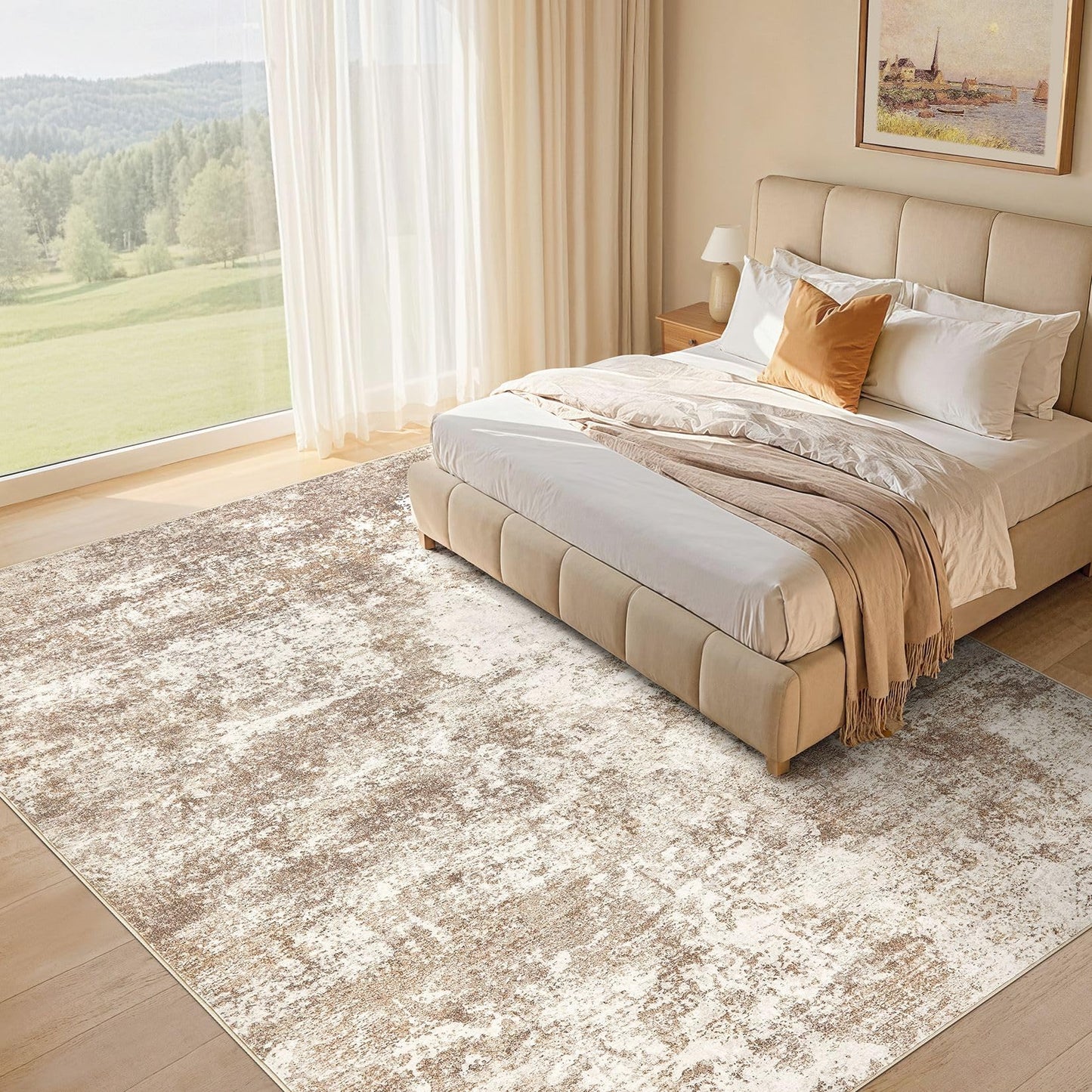 Micgeek Area Rug Living Room - 5X7 Abstract Washable Large Soft Foldable Non Slip Rug Neutral Modern Low Pile Carpet for Bedroom Nursery Dining Room Kitchen Home Office Indoor - Brown
