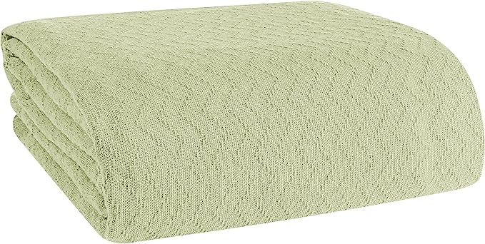 BELIZZI HOME 100% Cotton Bed Blanket, Breathable Thermal Blanket Full - Queen Size, Soft Chevron 90''x90'', Perfect for Layering Any All Season, Sage Green