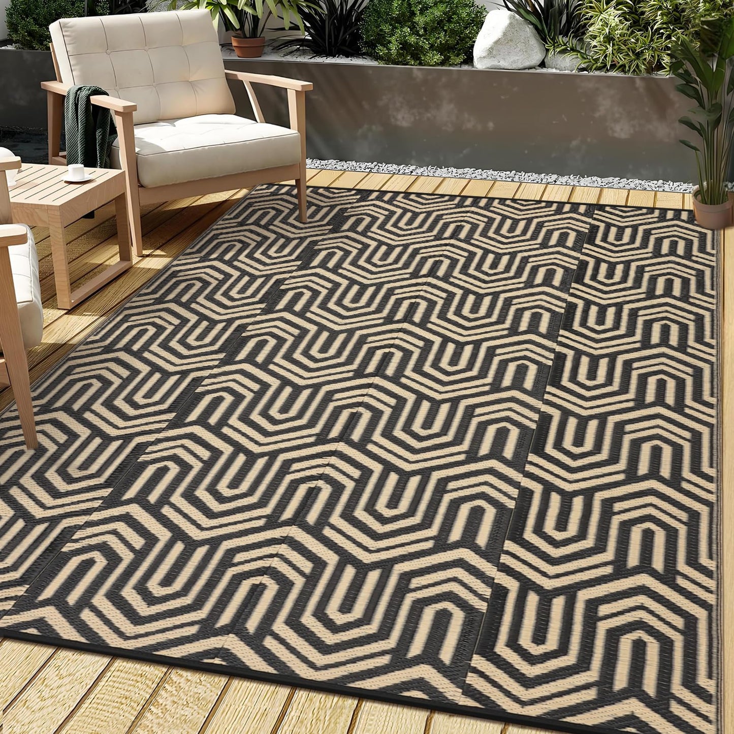 GarveeHome 9'x12' Outdoor Rug Waterproof – Large Patio Mat for Under Dining Table or Sectional Sofa – Low Pile Reversible Plastic Mat, Stain Resistant & Hose Clean, All-Weather UV Coated, Coffee