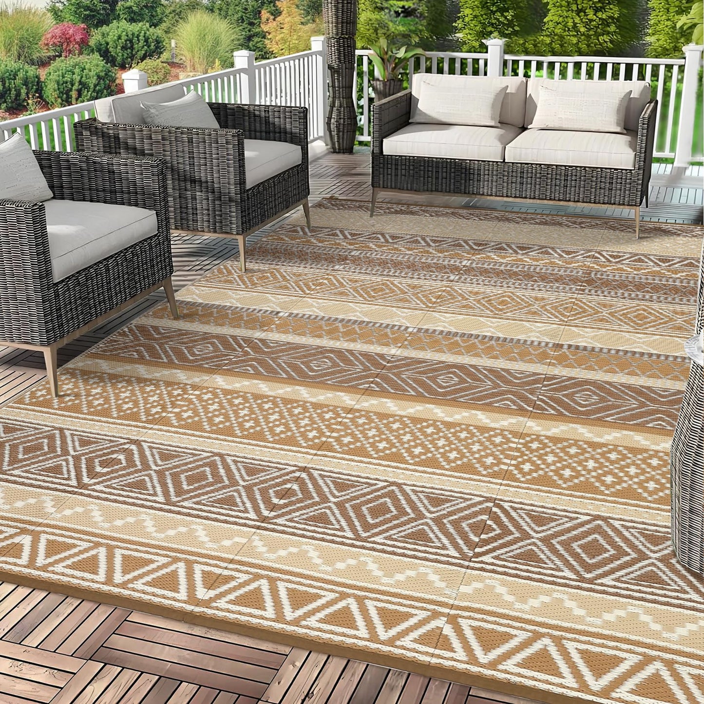 Garvee Outdoor Rug 9x18 Waterproo Large Outdoor Camping Rug Reversible Rv Patio Mats Black Gray Outdoor Plastic Straw Outdoor Rugs Clean Easily Large Patio Mat for RV, Deck, Camping,Brown/Tan