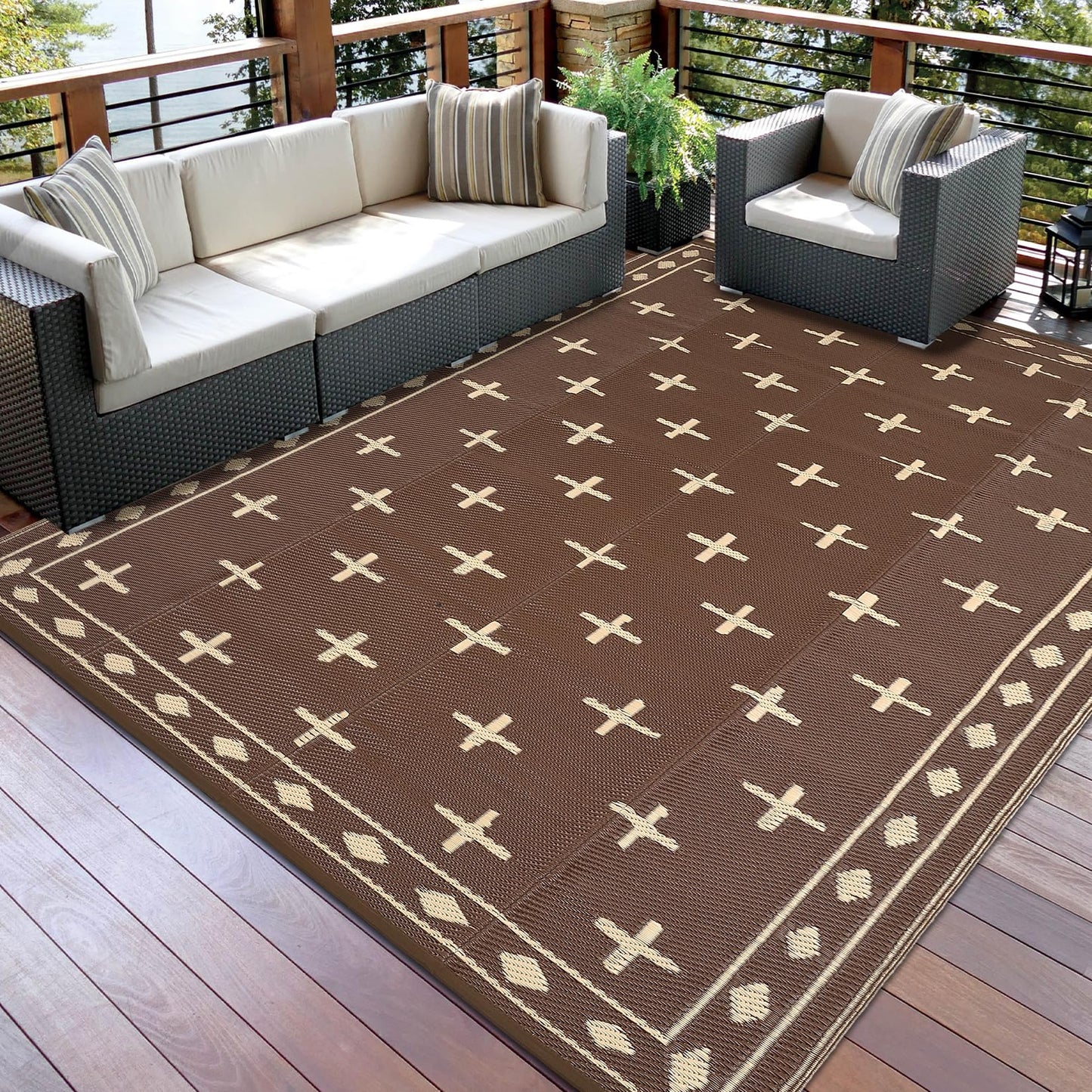 GarveeHome 9'x12' Outdoor Rug Waterproof – Reversible Plastic Mat for Patio & RV Camping, Large Geometric Rug for Deck Balcony, Portable Foldable Picnic Rug with Carry Bag, UV Resistant, Brown