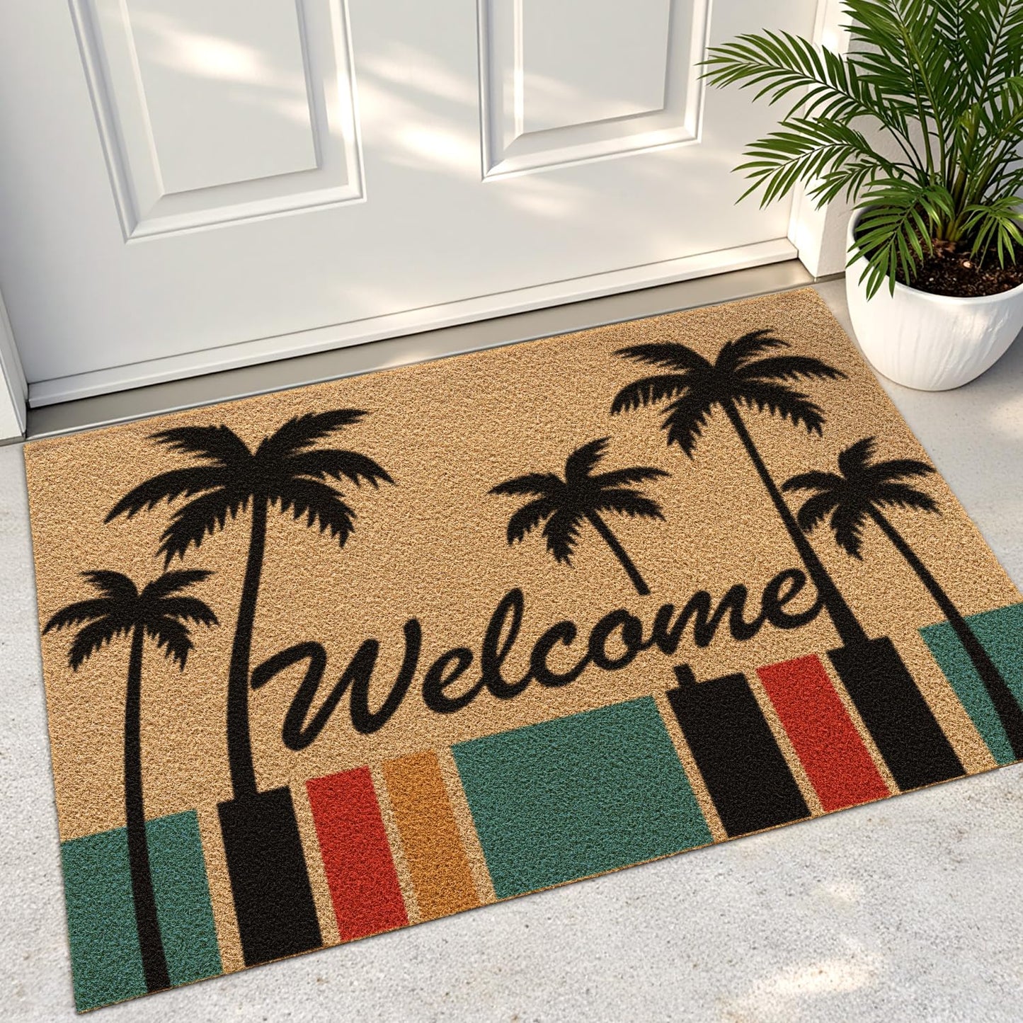 DEXI Front Door Mat Outside Entrance, 2x3 Heavy Duty Welcome Entry Summer Tropical Plant Doormat, Non Slip Entryway Floor Dirt Trapper for Porch Patio, Coconut Tree